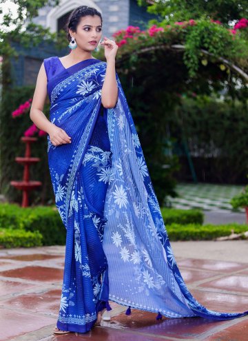 Blue Faux Georgette Digital Print Trendy Saree for Casual