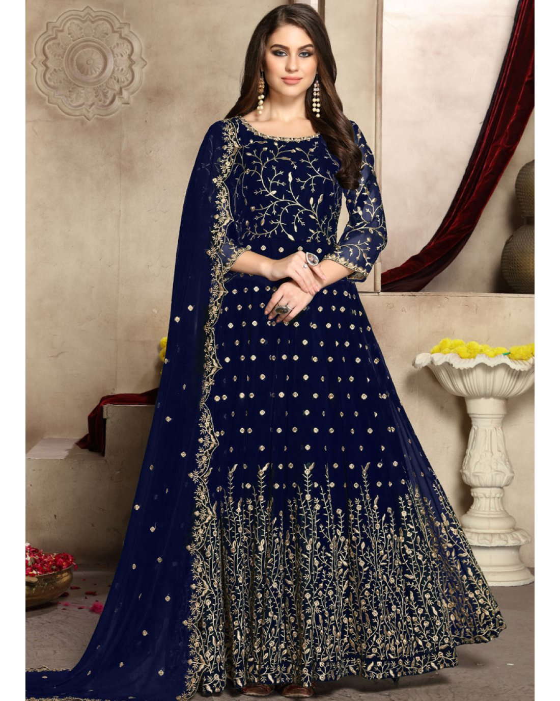 Blue Faux Georgette Embroidered Anarkali Suit