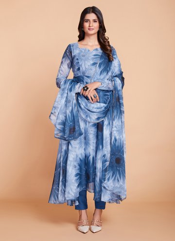 Blue Faux Georgette Printed Designer Salwar Kameez for Ceremonial