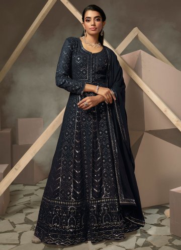 Blue Georgette Lucknowi Work Designer Gown for Ceremonial