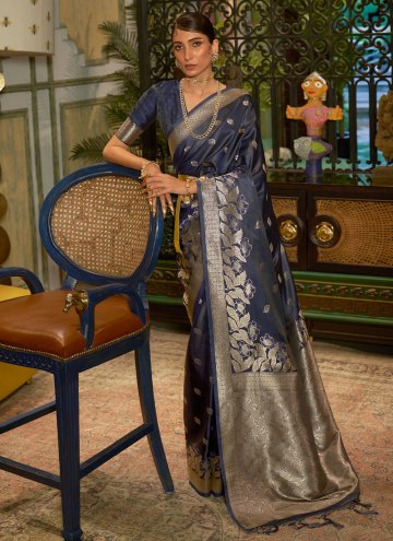 Blue Handloom Silk Woven Classic Designer Saree fo