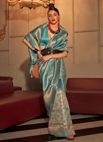 Blue Handloom Silk Woven Contemporary Saree for Festival