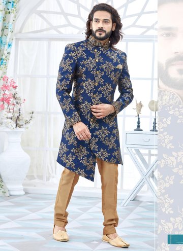 Blue Indo Western in Jacquard with Embroidered