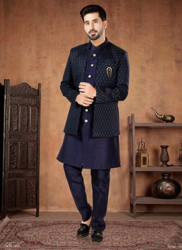 Blue Indo Western in Jacquard with Embroidered