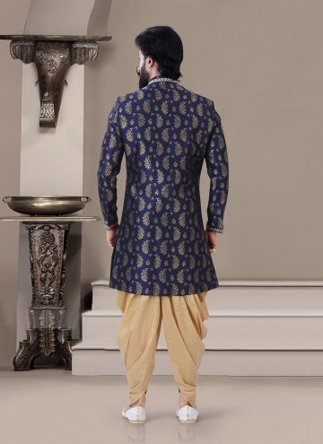 Blue Indo Western Sherwani in Jacquard with Embroidered