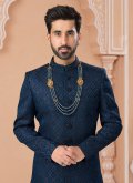 Blue Indo Western Sherwani in Jacquard with Embroidered - 1