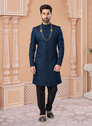 Blue Indo Western Sherwani in Jacquard with Embroidered