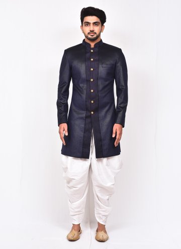 Blue Indo Western Sherwani in Velvet with Buttons