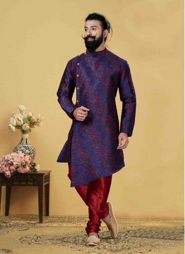 Blue Jacquard Silk Embroidered Indo Western for Ceremonial