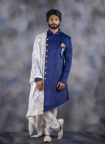 Blue Jacquard Silk Embroidered Indo Western Sherwani for Ceremonial