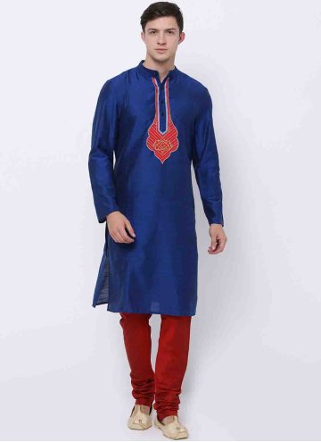 Blue Kurta Pyjama in Art Dupion Silk with Embroidered
