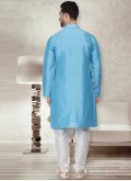 Blue Kurta Pyjama in Art Dupion Silk with Patchwork - 1
