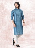 Blue Kurta Pyjama in Banarasi Jacquard with Fancy work - 1