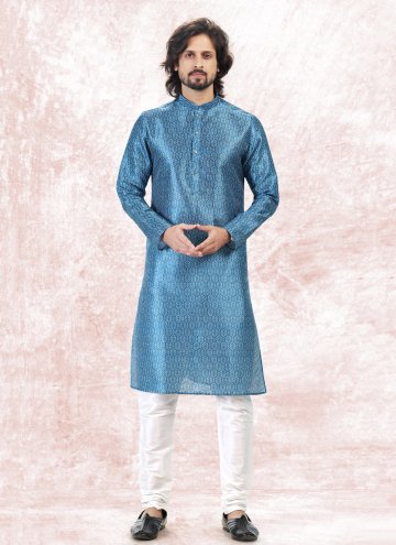 Blue Kurta Pyjama in Banarasi Jacquard with Fancy work