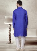 Blue Kurta Pyjama in Bhagalpuri Silk with Patchwork - 1