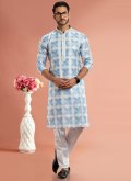Blue Kurta Pyjama in Cotton  with Digital Print - 1
