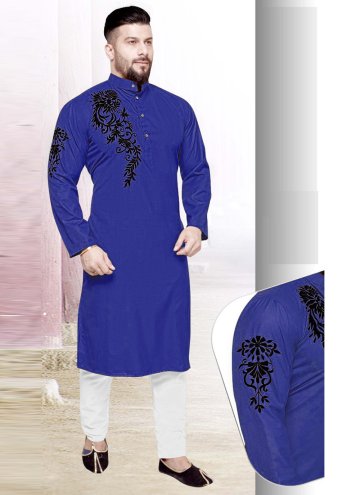 Blue Kurta Pyjama in Cotton  with Resham Work