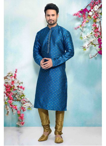 Blue Kurta Pyjama in Jacquard Silk with Print
