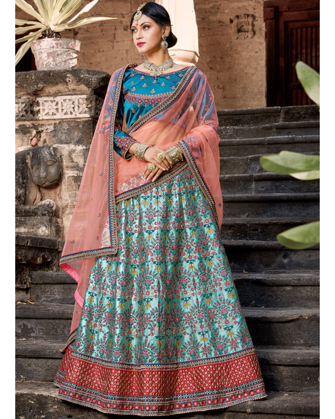 Blue Lehenga Choli in Satin with Embroidered