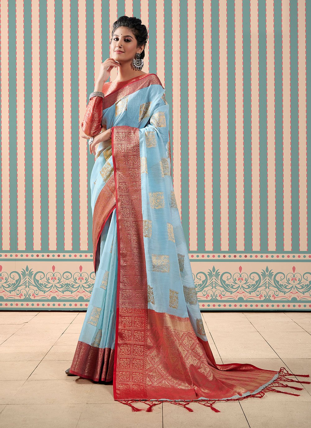 Blue Linen Fancy work Traditional Saree for Festival