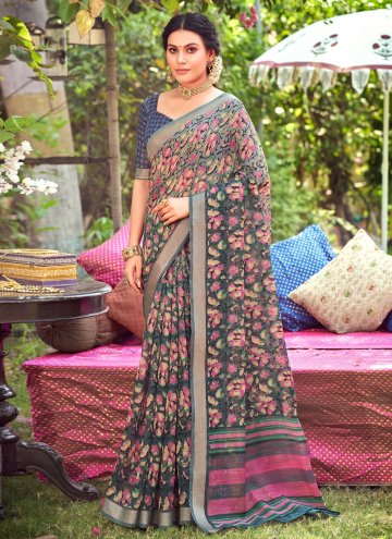 Blue Linen Printed Casual Saree for Casual
