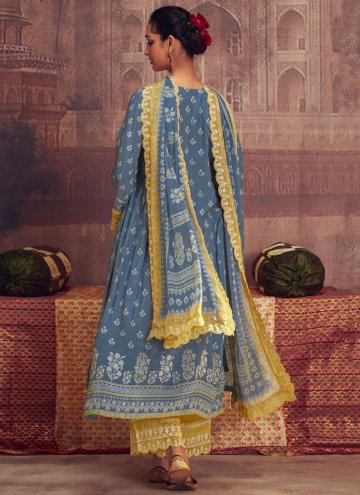 Blue Muslin Digital Print Salwar Suit for Ceremonial