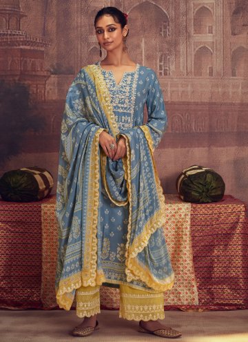 Blue Muslin Digital Print Salwar Suit for Ceremoni