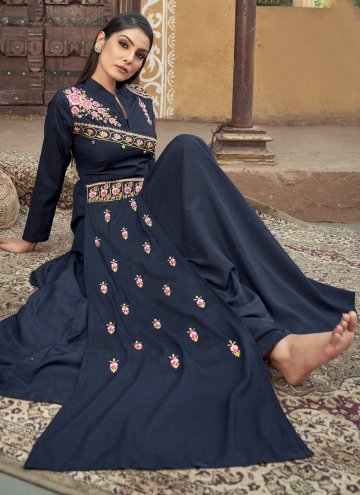 Blue Muslin Embroidered Readymade Designer Gown