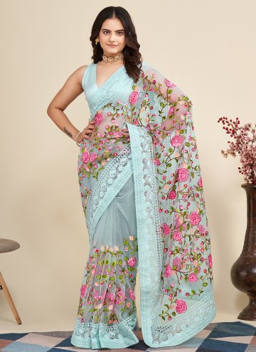 Blue Net Embroidered Trendy Saree