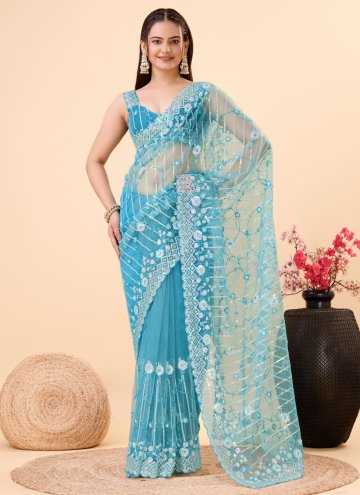 Blue Net Embroidered Trendy Saree