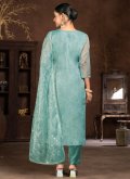Blue Organza Embroidered Pant Style Suit - 1