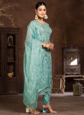 Blue Organza Embroidered Pant Style Suit - 2