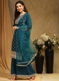 Blue Palazzo Suit in Faux Georgette with Embroidered - 2