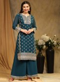 Blue Palazzo Suit in Faux Georgette with Embroidered - 3
