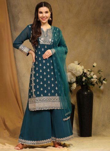 Blue Palazzo Suit in Faux Georgette with Embroidered