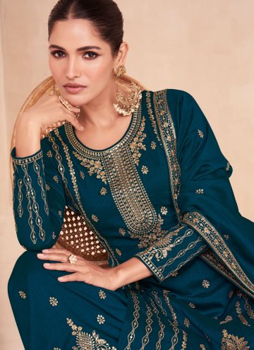 Blue Palazzo Suit in Silk with Embroidered