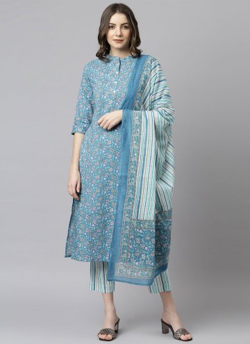 Blue Pant Style Suit in Cotton  with Floral Print