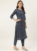 Blue Pant Style Suit in Cotton  with Printed - 3