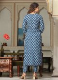 Blue Pant Style Suit in Cotton  with Printed - 2