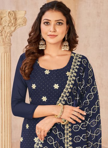 Blue Pant Style Suit in Georgette with Embroidered