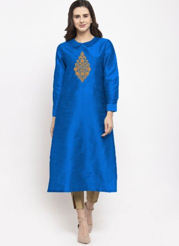 Blue Party Wear Kurti in Art Dupion Silk with Embroidered