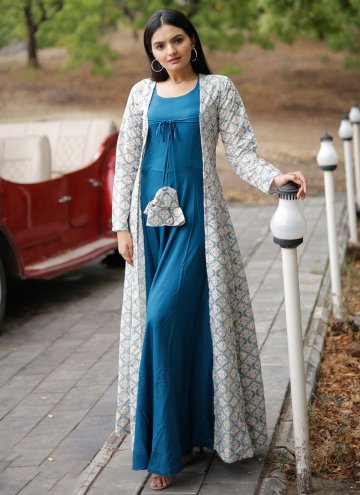 Blue Rayon Printed Readymade Designer Gown