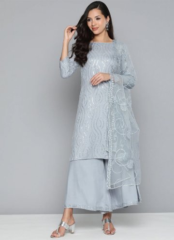 Blue Rayon Sequins Work Straight Salwar Suit