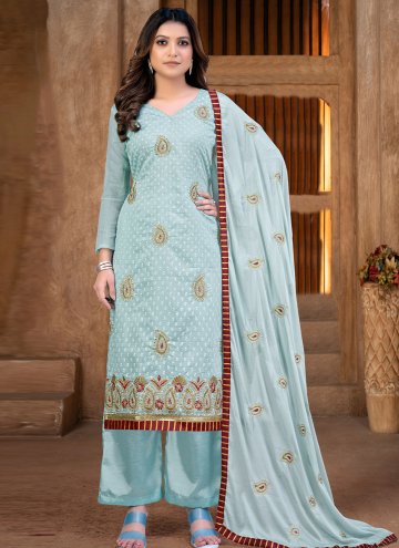 Blue Salwar Suit in Chanderi with Embroidered
