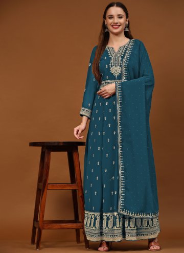 Blue Salwar Suit in Faux Georgette with Embroidere