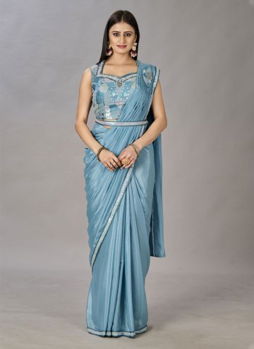 Blue Shimmer Georgette Embroidered Contemporary Saree for Ceremonial