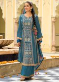 Blue Silk Embroidered Palazzo Suit - 1