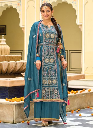 Blue Silk Embroidered Palazzo Suit