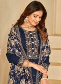 Blue Silk Embroidered Pant Style Suit - 1
