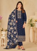 Blue Silk Embroidered Pant Style Suit - 2